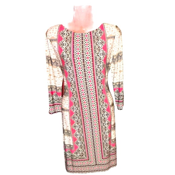 London Style Midi Sz 6 Dress paisley and geometric print black/tan/white/ pink - Picture 1 of 7